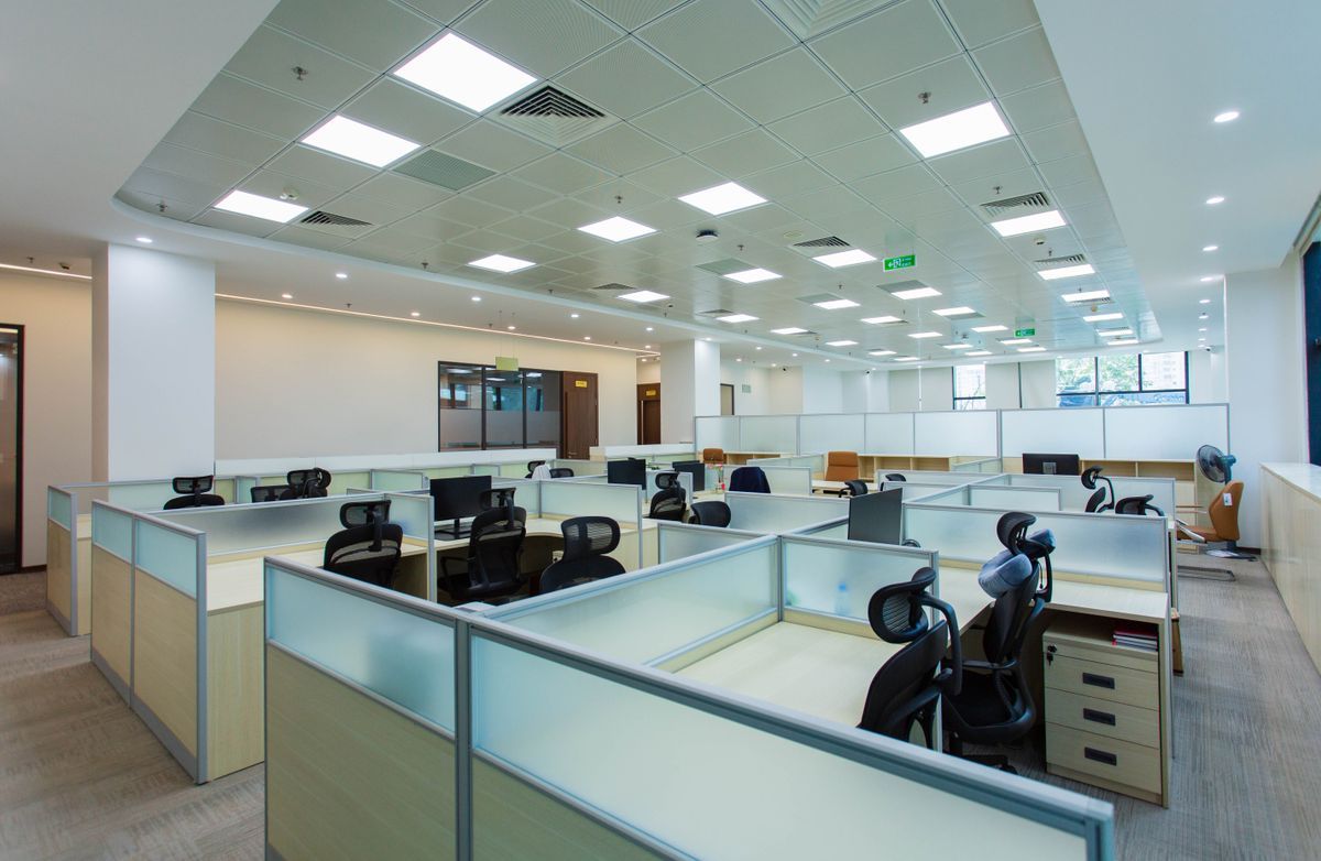 Office floor with rows of newly installed cubicles