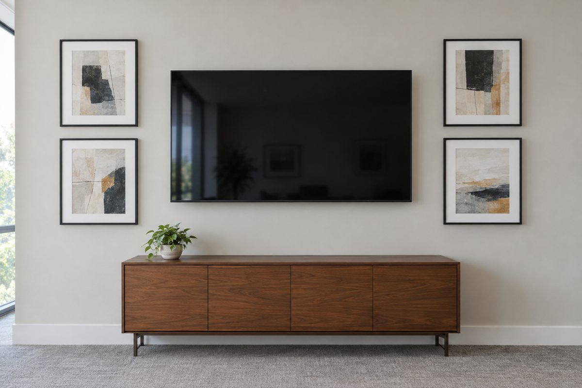 Wall-mounted TV centered on a wall with matching framed artwork on each side